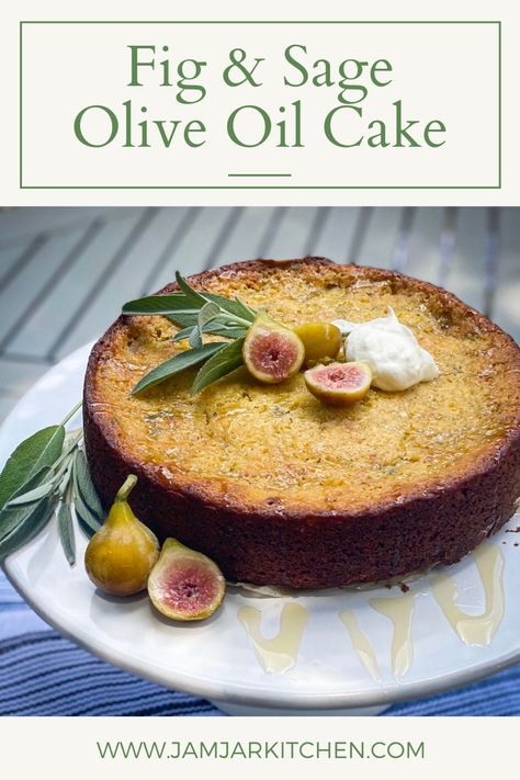 White cake stand with lemon olive oil cake garnished with sage and figs Cake With Figs, Stevia Recipes, Lemon Olive Oil Cake, Fig Cake, Jar Kitchen, Fig Recipes, Lemon Olive Oil, Summer Baking, Oil Cake