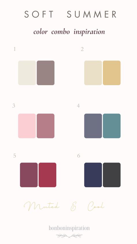 Soft Summer season color combo palette Color Combo Palette, Soft Summer Colors, Color Psychology, Summer Color, Soft Summer, Season Colors, Summer Colors, Color Combo, Seasonal Fashion