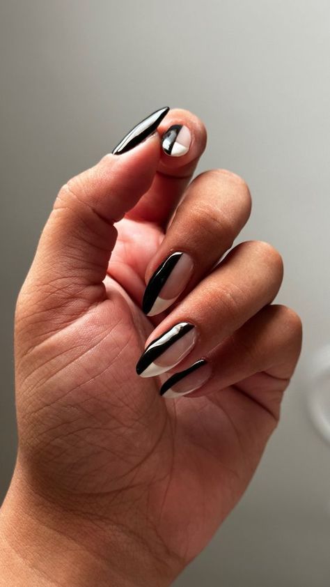 Half Black Nail Design, Full Black Nail Designs, Black And White Split Nails, Half And Half Nail Color, Half French Half Full Nails, Half Nails Design, Half French Tip Nails Half Solid, Half And Half Nails Designs, Half Black Nails