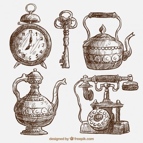 Pack of beautiful sketches of ancient ar... | Free Vector #Freepik #freevector Antique Objects Vintage, Objects Drawing Sketches, Vintage Objects Aesthetic, Small Objects To Draw, Vintage Sketches Aesthetic, Vintage Drawing Sketches, Sketches Of Objects, Object Sketching, Ancient Sketch