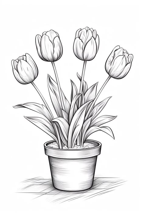 This charming sketch captures the serene beauty of tulips, symbolizing new beginnings and resilience. As a nod to spring’s arrival, this artwork was inspired by a garden visit where the vibrant colors of flowers painted a tranquil scene. Each petal and leaf is drawn with care, inviting the viewer to pause and appreciate the simple joys of nature. Perfect for a touch of elegance in any space!  #FlowerArt #TulipSketch #NatureInspiration #BotanicalIllustration #ArtForHome #SpringDecor Plant Pot Drawing Simple, Sketch Flowers Pencil, Flower Pot Drawing Pencil, Florist Drawing, Floral Outline Drawing, Flower Pot Illustration, Tulip Flower Drawing, Pottery Drawing, Pot Drawing