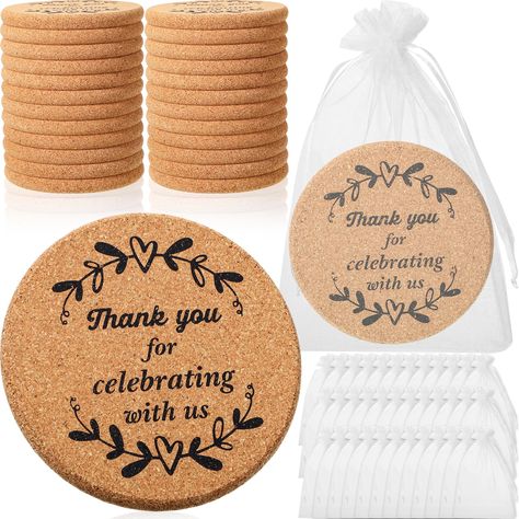 PRICES MAY VARY. Complete Set: this package includes 36 cork coasters and 36 organza bags, providing a sufficient quantity for the wedding or event; The complete set ensures that guests have a coaster to use, and the organza bags provide an elegant way to present the favors as gifts; The cork coasters are also printed with words "Thank you for celebrating with us" making them ideal for showing your appreciation Proper Size: the cork coasters for drinks are about 4 x 4 inches in size and 2/5 inch Easy Wedding Party Favors, Wedding Trinkets For Guests, Souvenirs For Wedding, Western Wedding Favors, Fall Party Favors, Cheap Wedding Favors, Wedding Coasters Favors, Birthday Souvenir, Wedding Thank You Gifts