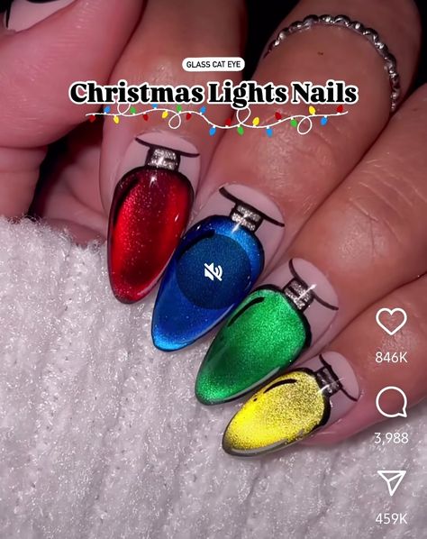 Cat Eye Christmas Light Nails, Xmas Lights Nails, Christmas Light Bulb Nails, Christmas Magnetic Nails, Velvet Christmas Nails, Magnetic Christmas Nails, Christmas Light Nail Designs, Christmas Lights Nails Design, Christmas Nails Cat Eye