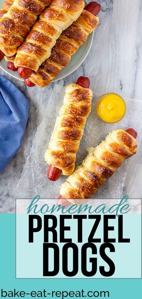 Pretzel Dogs Recipe, Pretzel Dogs, Pretzel Dough, Hot Dogs Recipes, Homemade Pretzels, Soft Pretzel, Pretzels Recipe, Coarse Salt, Hot Dog Recipes