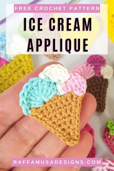 This easy and cute ice cream cone crochet applique is just too fun to miss this summer. Make sure you check out this free crochet pattern and embellish your creations with an extra taste of color! #crochet #freecrochetpattern #appliquepattern #crochetapplication #crochettoappliqueon #crochetapplique #iceream #icecremcone #gelato #summercrochet Crochet Holiday Applique Patterns Free, Crochet Pencil Applique, Crochet Flower Applique Free Pattern, Ice Cream Crochet, Crochet Clips, Crochet Farmhouse, Appliqué Crochet, Crochet Ice Cream, Crochet Appliqué