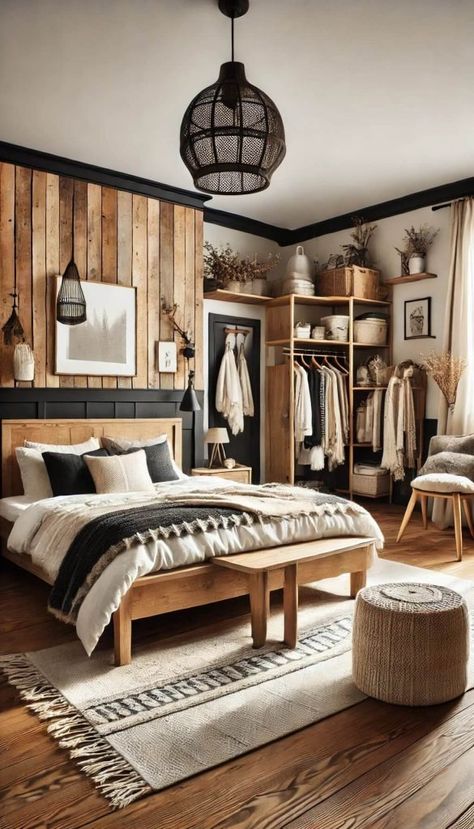 20+ Timeless Black and White Bedroom Ideas for a Classic Look 66 Bedroom With Black Windows, Bedroom Black Windows, Black White And Wood Bedroom, Black And Wood Bedroom, Black And Tan Bedroom, Black And Cream Bedroom Ideas, Black And White Bedroom Ideas, Modern Bedroom Wall Decor, Trim Windows