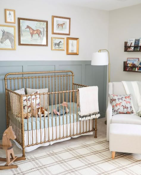 16+ Unique Vintage Baby Nursery Ideas [That'll Steal Your Heart] - The Greenspring Home Gold Crib Nursery, Horse Themed Nursery, Equestrian Nursery, Vintage Baby Boy Nursery, Vintage Nursery Ideas, Vintage Nursery Boy, Vintage Baby Girl Nursery, Gold Crib, Antique Nursery