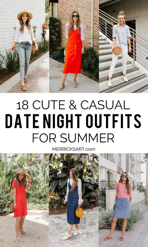 check out these 18 cute and casual date night outfits for summer! | merricksart.com Cute Casual Date Night Outfits Summer, Work To Date Night Outfit Summer, Casual Summer Date Night Outfit Simple, Date Night Looks Casual Summer, Day To Night Summer Outfit, Summer Outfits 2023 Date Night, 1st Date Outfit Casual Summer, Summer Date Night Outfit Ideas, Cute First Date Outfits Casual Summer