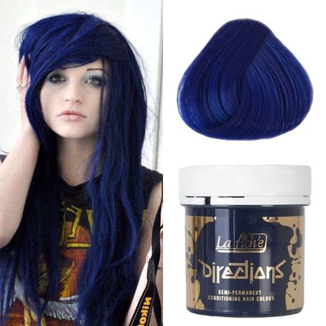 BLUE. Midnight blue by directions. Directions Midnight Blue, Blue Hair Streaks, Directions Hair Dye, Midnight Blue Hair, Curling Iron Hairstyles, Hair Streaks, Hair Color Purple, Hair Color Dark, Hair Dye Colors