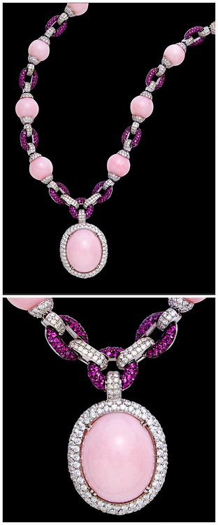 ReinaIndy A pink opal, diamond and pink sapphire pendant necklace,   composed of pink opal beads, graduating from 12.20 to 10.10mm., joined by pavé-set round brilliant-cut diamond and circular-cut pink sapphire links, Pink Opal Jewelry, Sapphire Pendant Necklace, Pink Sapphire Pendant, Sapphire Necklace Pendants, Pink Bling, Sapphire Pendant, Opal Beads, Solitaire Pendant, Sapphire Necklace