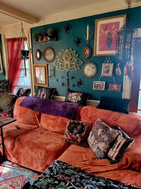 Whimsigoth Couch, Goth Bohemian Decor, Trippy Apartment, Teal Aesthetic, Apartment Makeover, Diy Furniture Bedroom, Home Aesthetics, Apartment Decor Inspiration, Dream Room Inspiration