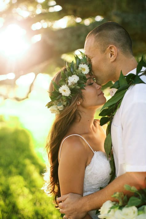 Bride and Groom Sunset Portrait. Haku Lei. Bride and Groom Golden Hour Wedding Picture. Hawaii Flower Crown.   This romantic Upcountry Maui wedding took place the Hui No‘eau Visual Arts Center in Maui, Hawaii for a breathtaking outdoor ceremony surrounded by lush greenery and white flowers. Haku Lei, Sunset Portrait, Golden Hour Wedding, Wedding Venues Hawaii, Beach Wedding Photography, Maui Wedding, Professional Wedding Photography, Beach Wedding Decorations, Hawaiian Wedding