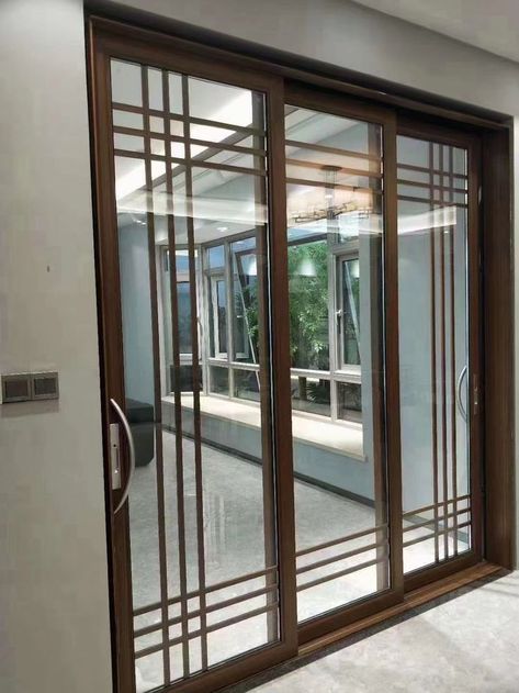 Wood Grain Aluminum Framed Multi Panel Sliding Door Aluminum Glass Door, Aluminium Glass Door, Sliding Doors Exterior, Wooden Sliding Doors, Aluminium Sliding Doors, Sliding Door Design, Glass Doors Interior, Hotel Furniture, Simple Bathroom