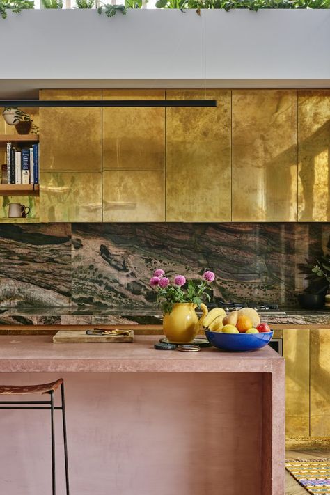 pink and gold stone kitchen Melbourne House, Stone Kitchen, Marble Counter, Brass Kitchen, Kitchen Cabinet Colors, Pink Kitchen, Kitchen Marble, Counter Tops, Kitchen Style