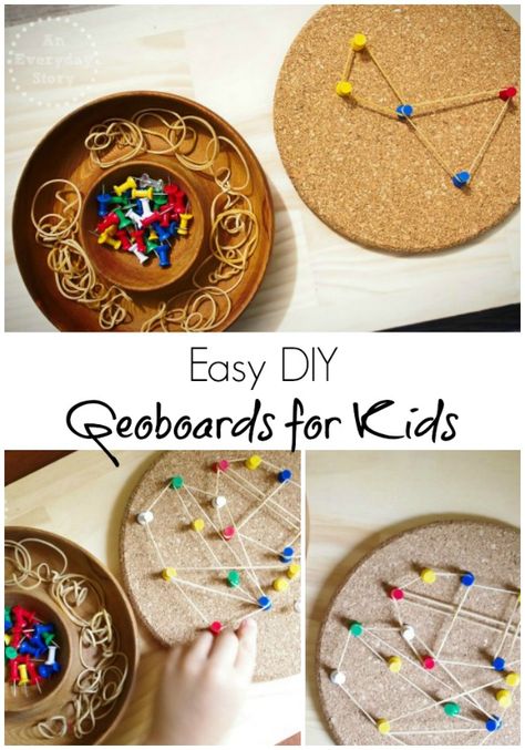 An Easy DIY Geoboard for Kids: Just using an old cork pot holder, the kids are able to make their own pin designs with this simple geoboard {from An Everyday Story} Diy Geoboard, Montessori Practical Life, Montessori Ideas, Fine Motor Activities, Kids Diy, Motor Activities, Preschool Math, Montessori Activities, Diy Easy