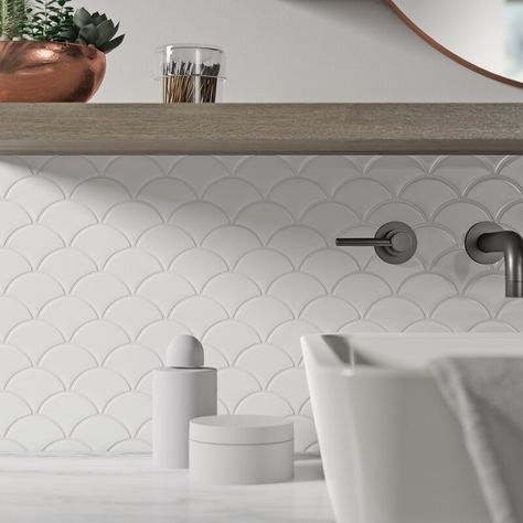 Fish Scale Tile, Art Deco Tiles, Porcelain Mosaic Tile, Kitchen Design Trends, Coastal Kitchen, Backsplash Ideas, Fish Scale, Porcelain Mosaic, Painting Kitchen Cabinets