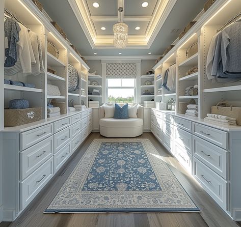 Light Blue Walk In Closet, Beach House Walk In Closet, Pinterest House Ideas, Coastal Mansion Interior, Coastal Walk In Closet, Blue And White House Decor, Clever Home Design, Coastal House Ideas, Old Money Closet