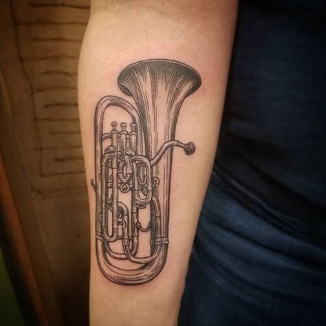 Tuba Tattoo Design, Euphonium Tattoo, Tuba Tattoo, Tuba Art, Bass Clef Tattoo, Barbell Tattoo, Tattoos Inspiration, Bass Clef, Ink Inspiration