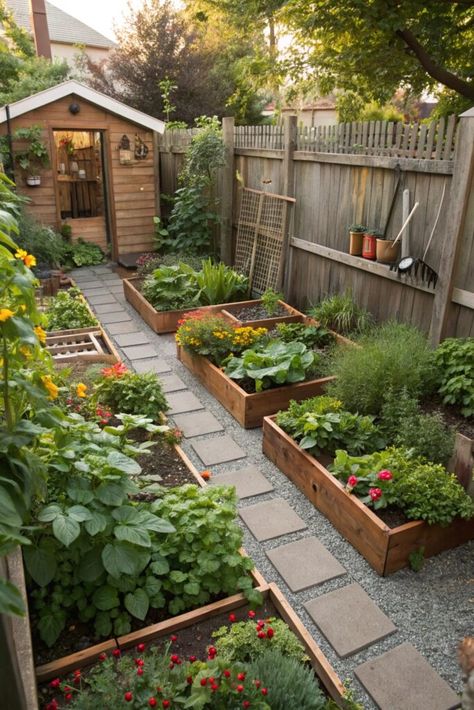 34 Stunning Small Backyard Garden Ideas You Can Easily Create – Earthsoulorganics Small Garden With Parking Space, Sloped Backyard Garden Ideas, Brick Garden Planters, Natural Garden Layout, Small Garden With Vegetable Patch, Small Space Raised Garden Beds, Plant Beds Ideas, Brick Outline Flower Bed, Backyard Landscaping With Fence