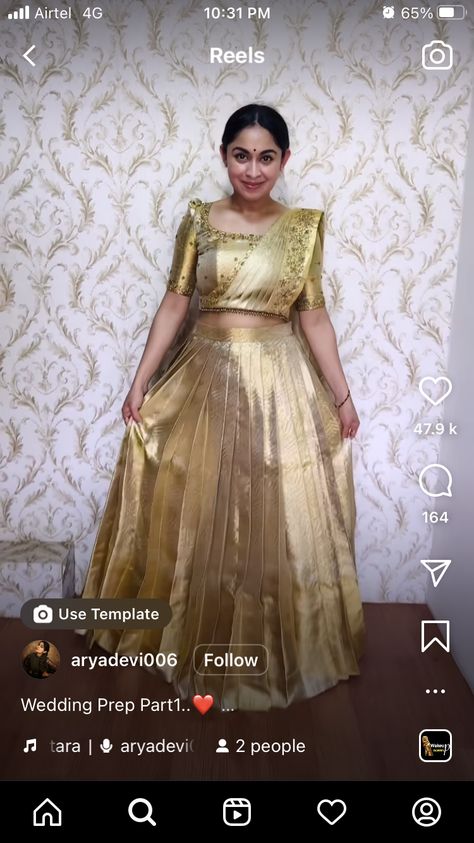 Langa Davani Designs, Gold Half Saree, Gold Silk Lehenga For Diwali, Gold Silk Lehenga With Pallu, Festive Gold Silk Lehenga, Gold Handloom Lehenga For Puja, Gold Banarasi Silk Lehenga For Festivals, Gold Blouse Designs, Long Skirt Top Designs