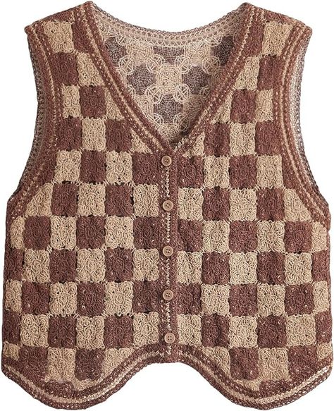 Verdusa Women's Button Front V Neck Sleeveless Plaid Checkered Knit Sweater Vest Khaki and Brown Large at Amazon Women’s Clothing store Knit Sweater Vest, Sweater Vest Women, Black Turtleneck, Crochet Details, Sleeveless Sweater, Checkered Pattern, Amazon Women, Cropped Sweater, Sweater Vest