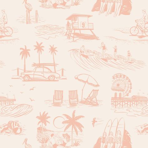 A special feature of my Retro Surf Beach wallpaper @lovevsdesign. Add a retro vibe with my stylized Southern California style beach scenes. I’m seeing this toile wallpaper design in a cool surf bungalow. AND you can customize it with over 200 colors! https://www.lovevsdesign.com/retro-surf-beach-wallpaper.html #retrosurfwallpaper #surftoilepattern #coastalchic #beachlife #surferstyle #southerncaliforniasurf #beachscenes #surfart #moderntoile #wallpaper #amysutherdesign #wallpaperdesigner Retro Wallpaper Bedroom, Retro Beach Bathroom, Beachy Peel And Stick Wallpaper, Beach Room Wallpaper, Beach Bathroom Wallpaper, Love Vs Design Wallpaper, Fun Peel And Stick Wallpaper, Coastal Wallpaper Bedroom, Retro Beach Wallpaper