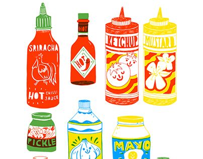 Know Your Condiments Condiments Drawing, Sriracha Drawing, Hot Sauce Illustration, Condiments Illustration, Twitch Branding, Sauce Illustration, Family Drawings, Siu Mai, Chicken Brands