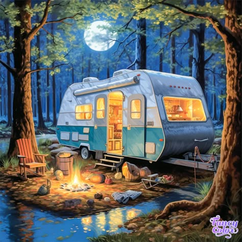 See my new artwork at Fancy Color !! Antler Art Drawing, Vintage Camper Art, Camping Cartoon, Camping Pics, Camper Art, Old School Bus, Slaap Lekker, Scenery Pictures, Camping Art