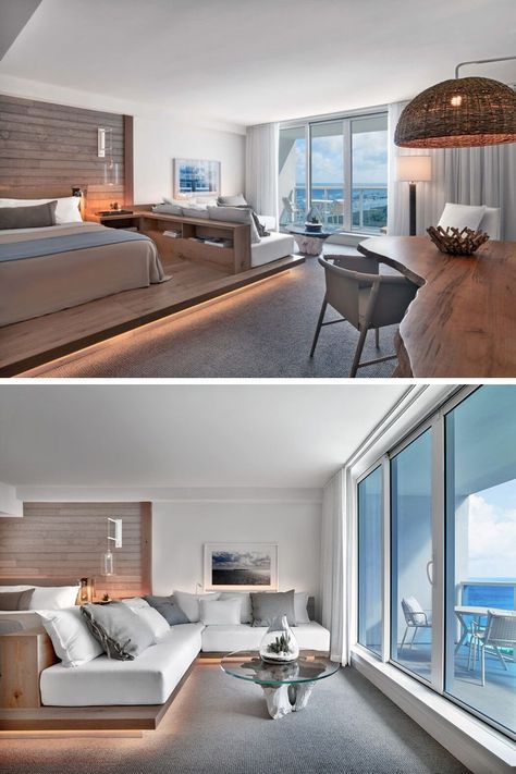 Master Bedroom Design Ideas - Raised Sleeping Area With Hidden Lighting | CONTEMPORIST Modern Bedroom Sitting Area, Master Bedrooms With Couches, Sofa Next To Bed, Bedroom With Couch, Bedrooms With Balcony, Kawaii Videos, Spring Logo, Modern Bedroom Lighting, Modern Hotel Room