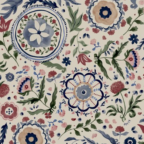 Joules Festival Flowers Antique White Wallpaper Spanish Style Wallpaper, Antique White Wallpaper, Folk Art Wallpaper, Festival Flowers, Statement Wallpaper, Antique Wallpaper, Contemporary Wallpaper, Geometric Animals, Wallpaper Direct