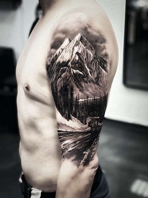 Half Sleeve Mountain Tattoo For Men, Nature Shoulder Tattoo Men, Swiss Tattoo Ideas, Mountain Tattoo Shoulder, Swiss Tattoo, Mountain Sleeve Tattoo, Shoulder Tattoos For Men, Cross Shoulder Tattoos, Wilderness Tattoo