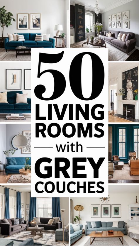 "Collage of stylish living rooms featuring grey couches in various decor styles."