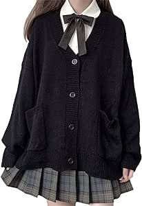 TXYJJP Womens Japanese Cute Kawaii Knitted Cardigan Sweater Cosplay Long Sleeve Button Down JK School Uniform Jacket School Japanese Uniform, Cardigan Black Outfit, Crochet Black Sweater, Kawaii School Uniform, Cute School Uniform, Outfit Ideas Cardigans, Black Cardigan Outfit, Japan School Uniform, Japanese Kawaii Fashion