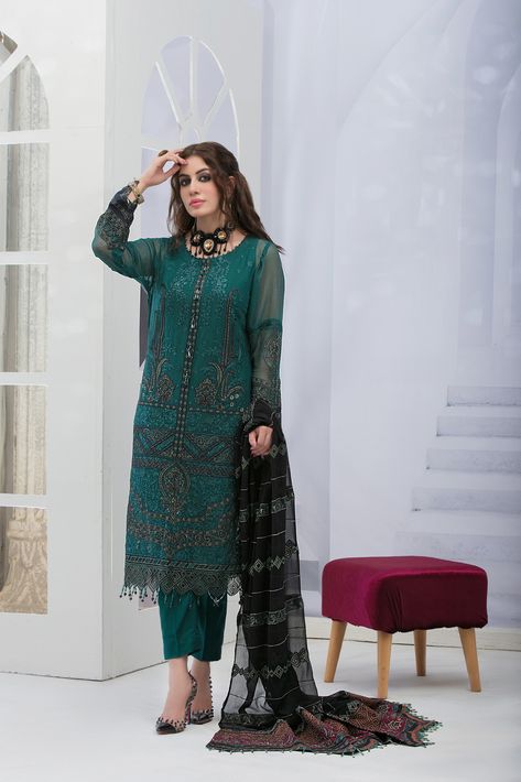 Goncha by Tawakkal - D – 1658 Goncha by Tawakkal -   100% Original Guaranteed Unstitched Dress Material  3 Piece By Tawakkal Fabrics, Attractive & Adorable Chiffon Collection comes with : Semi-Stitched Fancy Heavy Embroidered Crinkle Chiffon/Net Shirts Designs Exclusive Fancy Embroidered Dupattas Unstitched Viscose Shalwar Shipping Time : (Approximate Arrival Date of First Batch of Products fr... Mendhi Outfit, Dresses Asian, Black Pakistani Dress, Salwar Kameez Pakistani, Net Embroidery, Butterfly Net, Asian Designers, Pakistani Salwar, Salwar Dress