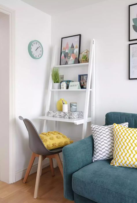 Ladder Desk In Living Room, Ladder Desk Living Room, Scandi Inspired Living Room, Ladder Shelf Desk, Home Office Area, Pretty Storage Boxes, Ladder Desk, Art Plants, Wood Things