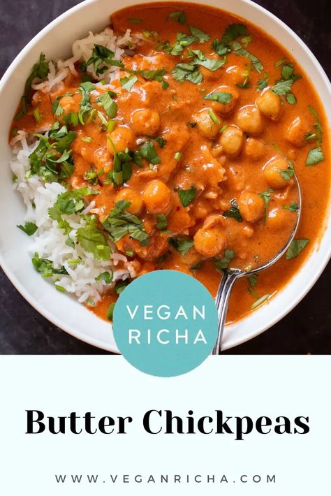 This is an 8-ingredient, 30-minute dump-and-done Indian butter chickpeas recipe. It’s packed with butter chicken sauce flavor but uses tender chickpeas as the protein instead of chicken. Protein Entrees, Chicken Curry Sauce, Butter Chickpeas, Vegan Chickpea Recipes, Vegan Butter Chicken, Butter Chicken Sauce, Chickpeas Recipe, Lazy Dinners, Chicken Sauce