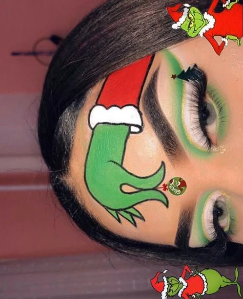 Dramatic Christmas Makeup, Christmas Makeup Looks Creative, Simple Grinch Makeup, Grinch Inspired Makeup, Grinch Makeup Looks, Creative Christmas Makeup Looks, Turkey Makeup, Easy Christmas Makeup Looks, Christmas Inspired Makeup