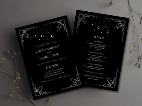 Dark Astrological Gothic Tarot Halloween Wedding Invitation Suite Printable, Editable Canva Template - Etsy Whimsigoth Wedding Invitations, Witchy Invitations, Fairy Wedding Invitations, Goth Wedding Invitations, Dark Gothic Wedding, Tarot Card Wedding, Astrology Wedding, Dark Astrology, Dark Wedding Invitations