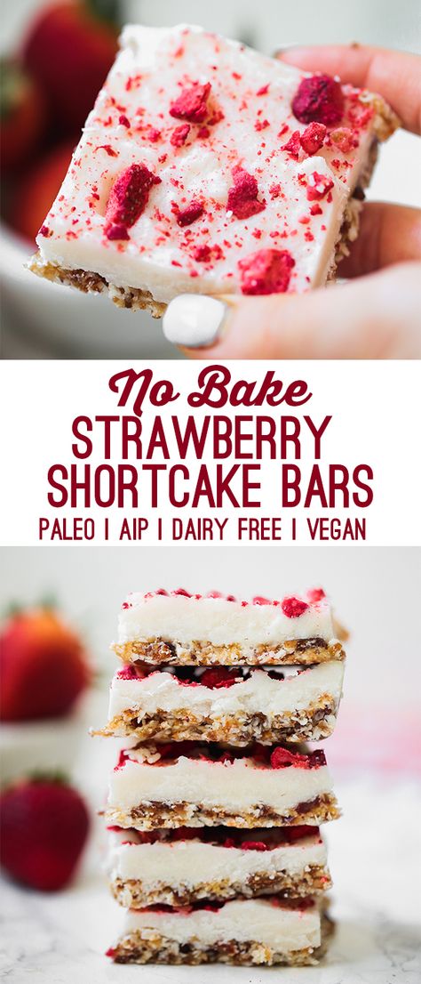 These no-bake strawberry shortcake bars are an easy and delicious treat! They're paleo, AIP, dairy free, and vegan. #aip #paleo #healthy #nobake #vegan Strawberry Shortcake Bars, Unbound Wellness, Aip Desserts, Paleo Recipes Dessert, Strawberry Shortcake Recipes, Paleo Sweets, Aip Paleo, Baked Strawberries, Paleo Treats