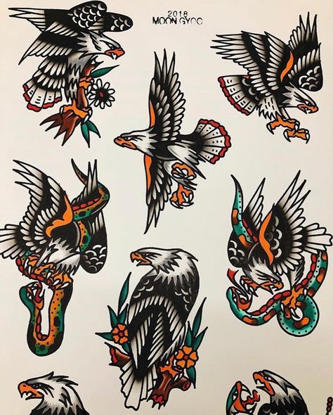 Traditional Flash on Instagram: “Flash by @moongyoo…” Tattoo Flash Traditional, Eagle And Snake, Traditional Eagle, Traditional Eagle Tattoo, Traditional Tattoo Old School, 16 Tattoo, Traditional Style Tattoo, Doll Tattoo, Traditional Tattoo Sleeve