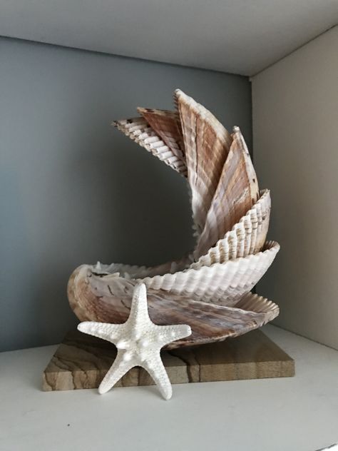 Big Seashell Crafts, Scoici Ideas, Things To Do With Sea Shells Diy, Sea Shell Crafts Diy Decor, Seashell Crafts Diy Home Decor, What To Do With Sea Shells, Seashell Crafts Diy, Wine Bottle Crafts With Lights, Clam Shell Art