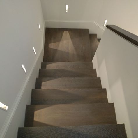 Stairs Dark Wood, Wood Floor Stairs, Stairs Cladding, Stairs Landing, Floor Boards, Belsize Park, Treads And Risers, Oak Stairs, Access Panels