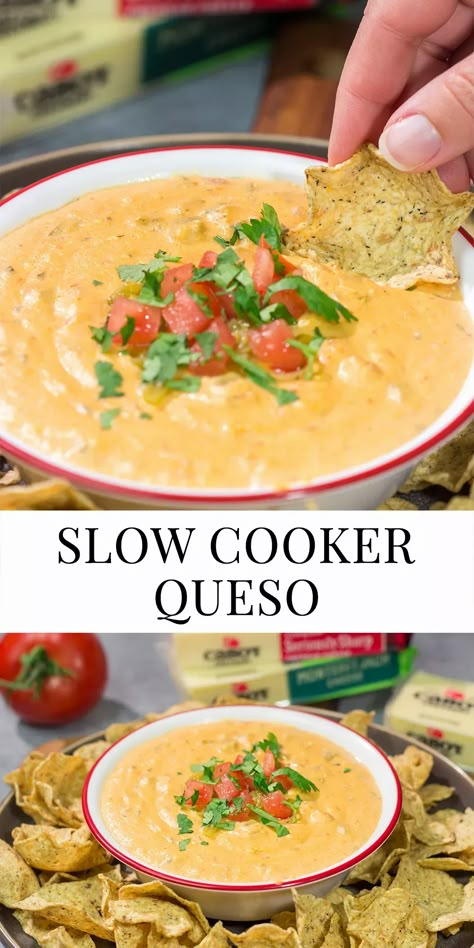 Whether it's a game night or a casual evening with friends, this Slow Cooker Queso is an easy and delicious appetizer that's sure to be a crowd favorite! Queso Recipe Easy, Mexican Cheese Dip Recipes, Queso Dip Crockpot, Slow Cooker Queso, Slow Cooker Dip Recipes, Crock Pot Queso, Slow Cooker Dips, Cheese Dip Mexican, Easy Delicious Appetizers