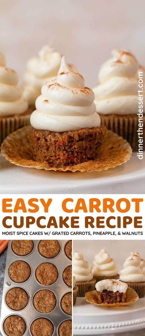 Easy Carrot Cupcakes are sweet and moist spice cupcakes made with grated carrots, crushed pineapple, and chopped walnuts with fluffy cream cheese frosting. These cupcakes are a perfect birthday party dessert. Easy Carrot Cake Cupcakes, Carrot Recipes Dessert, Carrot Cupcake Recipe, Moist Spice Cake, Fluffy Cream Cheese Frosting, Mini Carrot Cake, Simple Desserts, Moist Carrot Cakes, Easy Carrot Cake