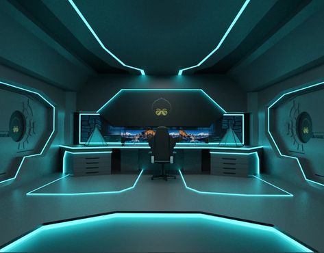 Spaceship Gaming Room, Futuristic Gaming Bedroom, Futuristic Training Room, Sci Fi Meeting Room, Futuristic Room Sci Fi Interior Design, Futuristic Rooms, Comfy Room Ideas, Futuristic Apartment, Futuristic Interior Design