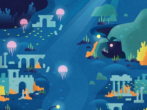 TWO DOTS / the Sunken City by Matt Stevens Casual Illustration, Dragon Mountain, Game Art Environment, Geometric Landscape, Mobile Design Inspiration, Dots Game, Sunken City, Two Dots, Magic Art