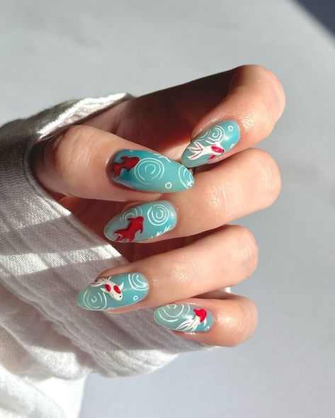 Koi fishies splashing in the pond🎏🌀 Koi Pond Nails, Pond Nails, Koi Nails, Koi Fish Nails, Fish Nails, The Pond, Koi, Nail Inspo, Nail Designs