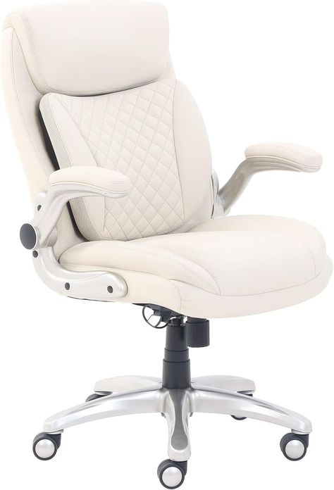 AmazonCommercial Ergonomic Executive Office Desk Chair with Flip-up Armrests and Adjustable Height, Tilt and Lumbar Support, Cream Bonded Leather, 29.5"D x 28"W x 43"H Living Room Office Ideas, Comfortable Office Chairs, Room Office Ideas, Ergonomic Home Office, Modern Office Chairs, Chair Wheels, Productivity At Work, White Office Chair, Work From Home Office