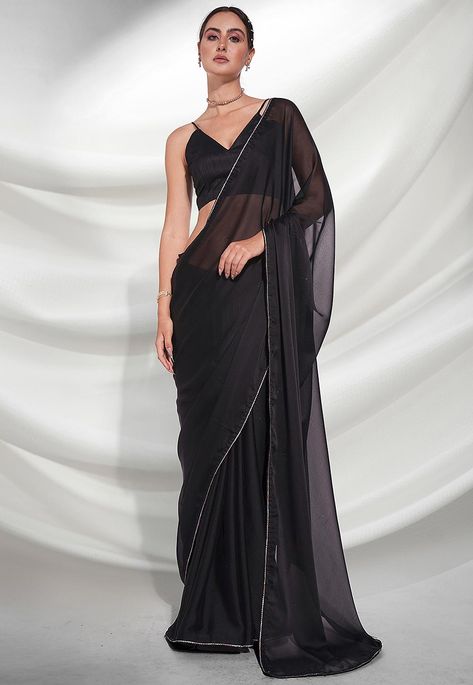 Shop Gota Embellished Satin Georgette Saree in Black now! Diwali Mehendi, Black Organza Saree, Indian Bridesmaids, Simple Saree Designs, Engagement Reception, Bridesmaid Attire, Designer Sarees Collection, Sarees Silk, Indian Party