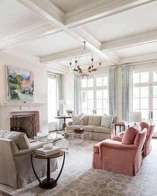 The color of the pink couch along with with the taupe colored couch make this room balanced. Collins Interiors, Turquoise Living Room Decor, House Of Turquoise, Traditional Living, Traditional Living Room, Room Remodeling, A Living Room, Living Room Inspiration, Home Interior